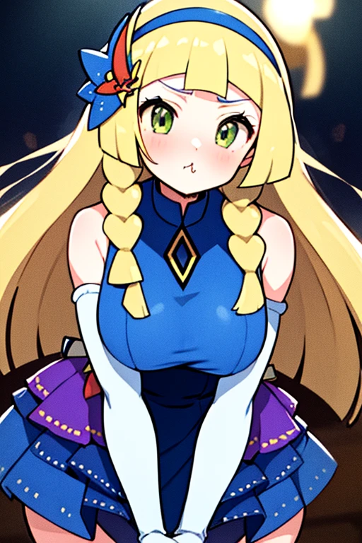 high quality, masterpiece, facing screen, big tits, thick thighs, leanimg foreward, bent over, hands straight down, pout,, puffy cheeks, aalillie, long hair, braid, hairband, hair ornament, hair flower, bare shoulders, blue dress, sleeveless, elbow gloves, white gloves