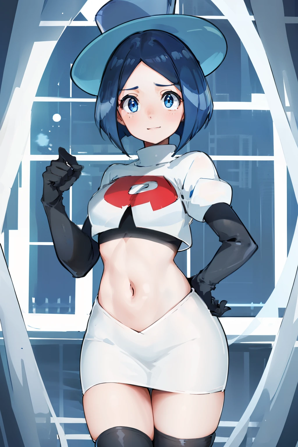 masterpiece,best quality,highres,ultra-detailed,aaevelyn,eyelashes,blue eyes,blue hair,short hair,middle part,top hat,cowboy shot, team rocket,team rocket uniform, red letter R, white skirt,white crop top,black thigh-highs,black elbow gloves