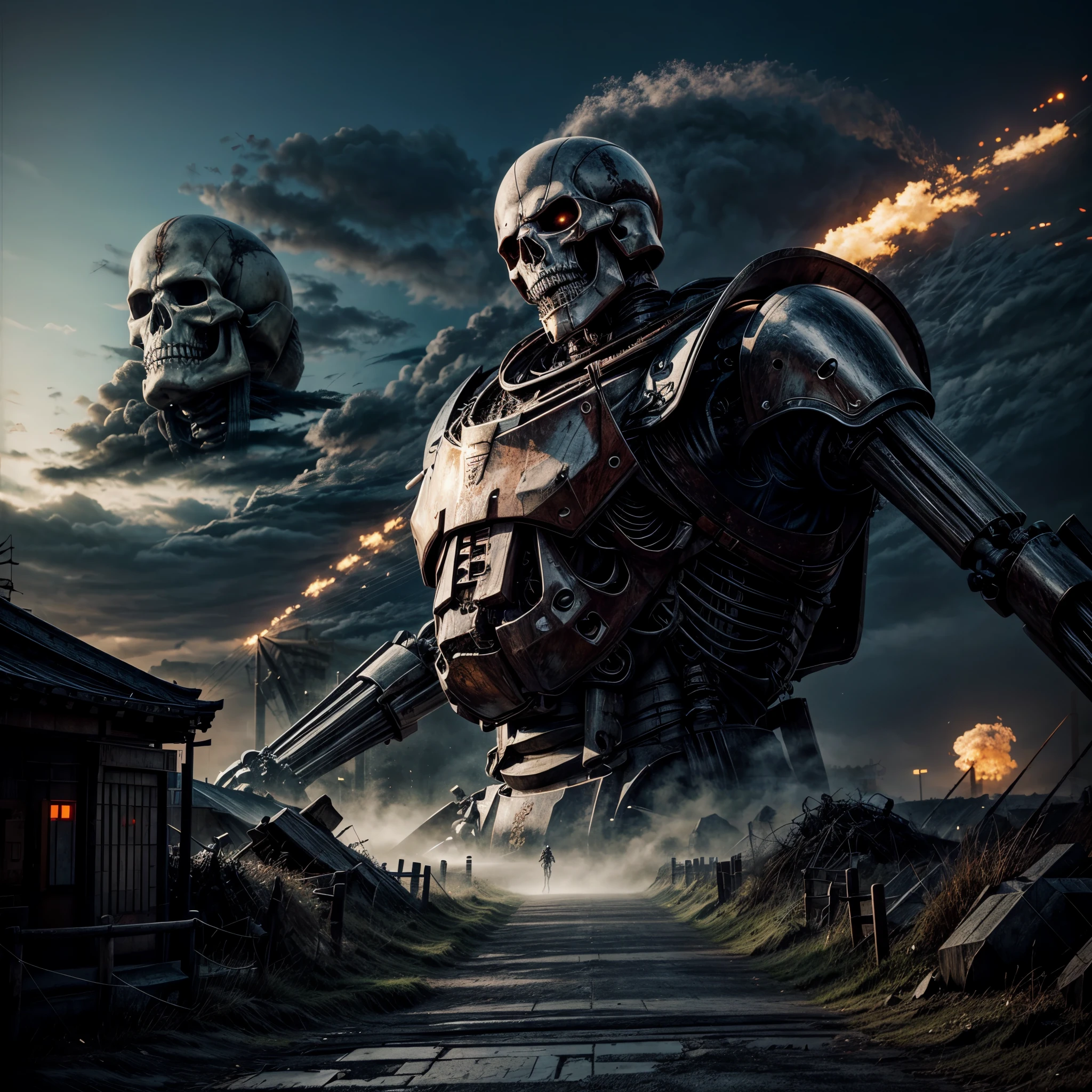 giant biological robot, samurai, skeleton face, giant skeleton,, anime art