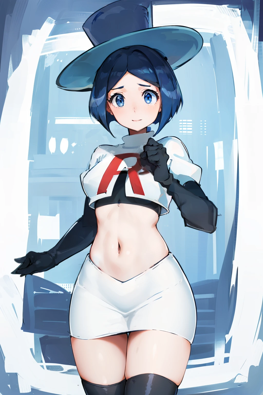masterpiece,best quality,highres,ultra-detailed,aaevelyn,eyelashes,blue eyes,blue hair,short hair,middle part,top hat,cowboy shot, team rocket,team rocket uniform, red letter R, white skirt,white crop top,black thigh-highs,black elbow gloves