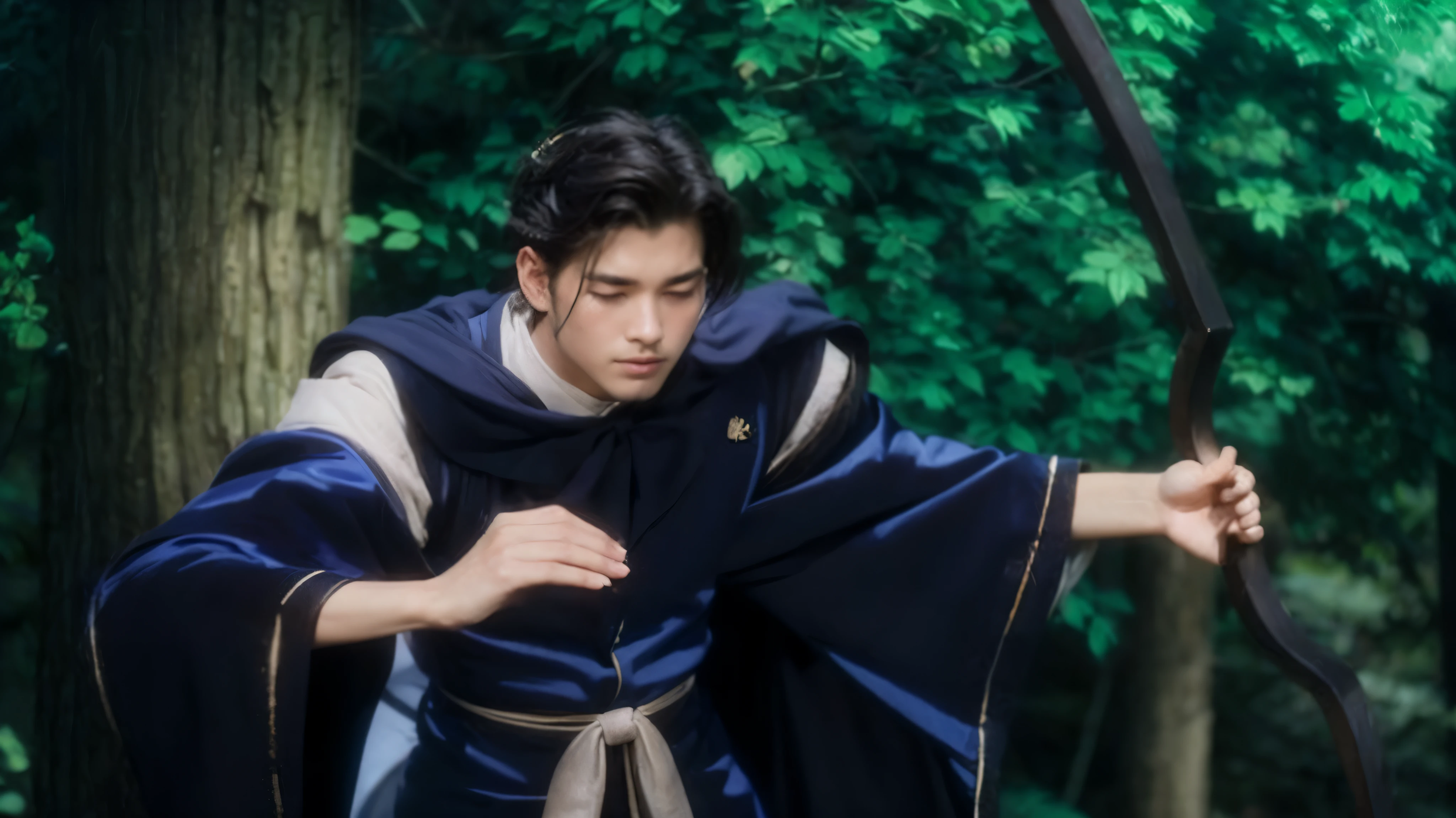 a young man in a blue robe holding a bow