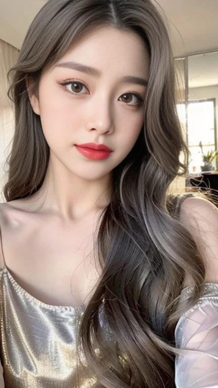 Golden eyes,The long gray hair hangs down from the front,face close-up,Flawless face,Look up slightly,short tulle pajamas