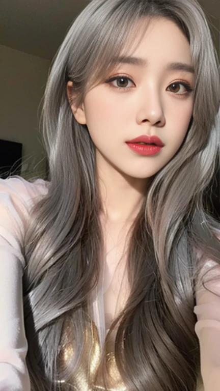 Golden eyes,The long gray hair hangs down from the front,face close-up,Flawless face,Look up slightly,short tulle pajamas