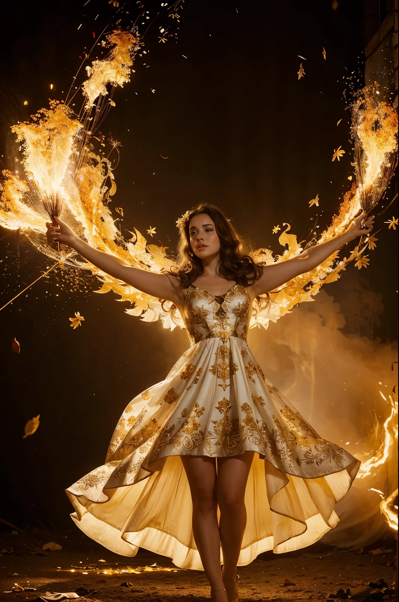 white-skinned plump woman with short brown hair wearing a dress with golden petals flying around her, in a bright floral dress, A dress made of fire,Intricate, eye-catching lighting, Elaborate Dress, flowy dress, Dramatic fairytale lighting, Fire Dress, Fractal dress,