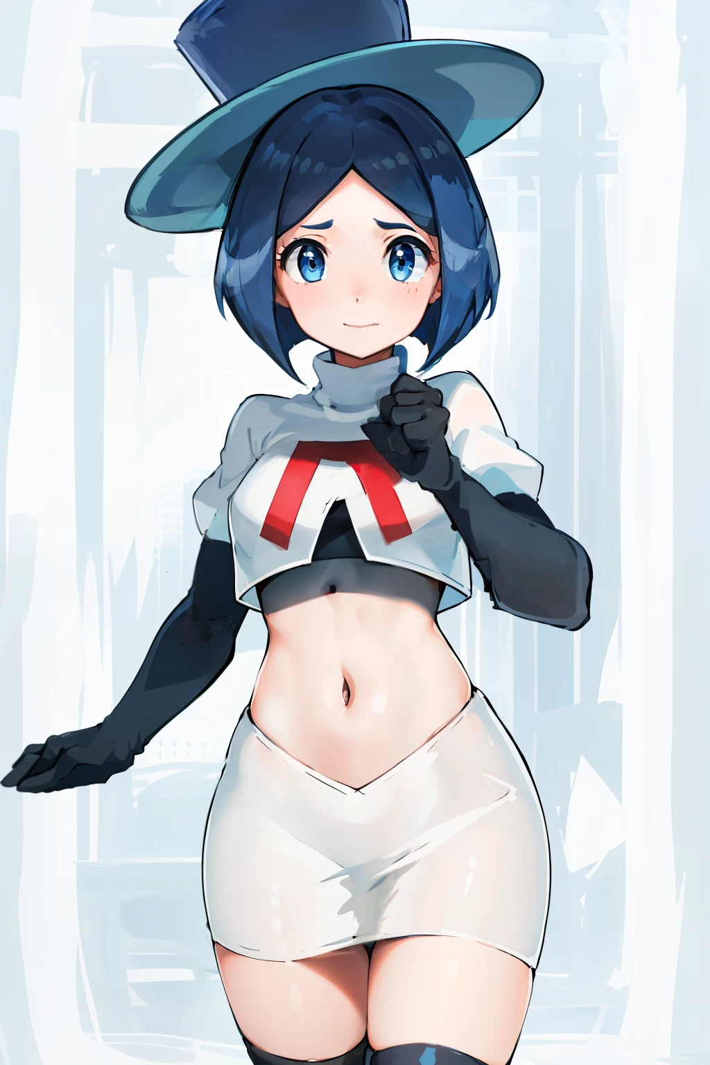 masterpiece,best quality,highres,ultra-detailed,aaevelyn,eyelashes,blue eyes,blue hair,short hair,middle part,top hat,cowboy shot, team rocket,team rocket uniform, red letter R, white skirt,white crop top,black thigh-highs,black elbow gloves