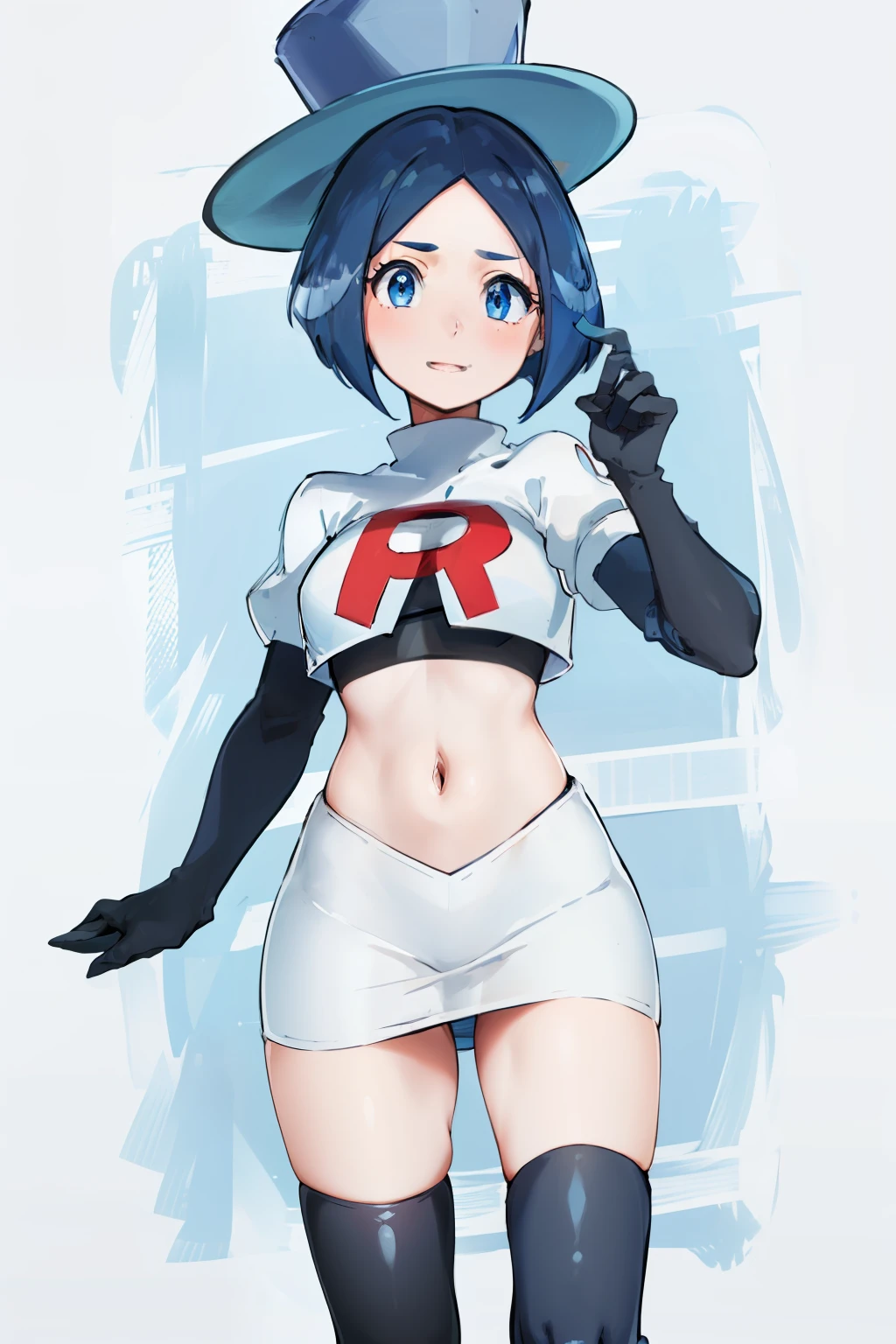 masterpiece,best quality,highres,ultra-detailed,aaevelyn,eyelashes,blue eyes,blue hair,short hair,middle part,top hat,cowboy shot, team rocket,team rocket uniform, red letter R, white skirt,white crop top,black thigh-highs,black elbow gloves