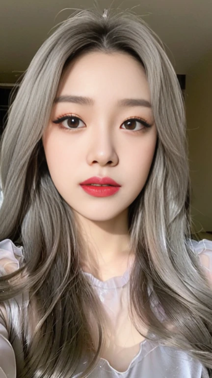 Golden eyes,The long gray hair hangs down from the front,face close-up,Flawless face,Look up slightly,short tulle pajamas