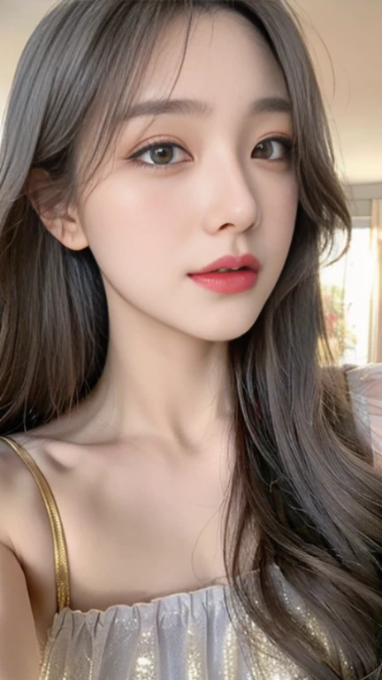 Golden eyes,The long gray hair hangs down from the front,face close-up,Flawless face,Look up slightly,short tulle pajamas