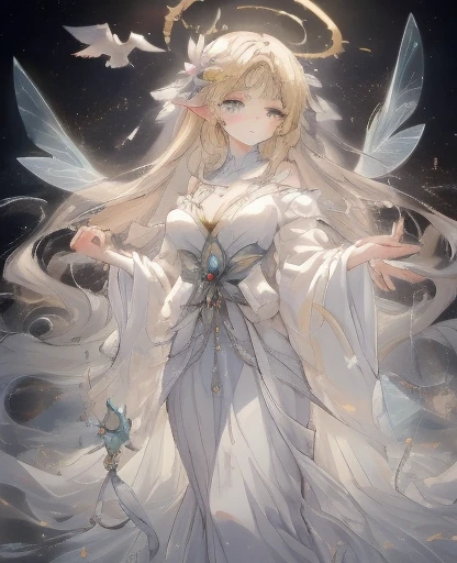Exquisite and rich details,Wearing anklets,1 girl, Sad expression, blonde long hair, exquisite features,Westind Westind Long、woman wearing a flowing dress, ethereal essence, astral fairy, flowing magic robe, beautiful heavenly magician, astral ethereal, galactic goddess, A dazzling halo surrounds her, ethereal aura, ethereal!!!!!!!, goddess of heaven, ethereal!!!, A magical halo surrounds her A girl wearing a glittering flower skirt, Flock of birds in the background, seaside