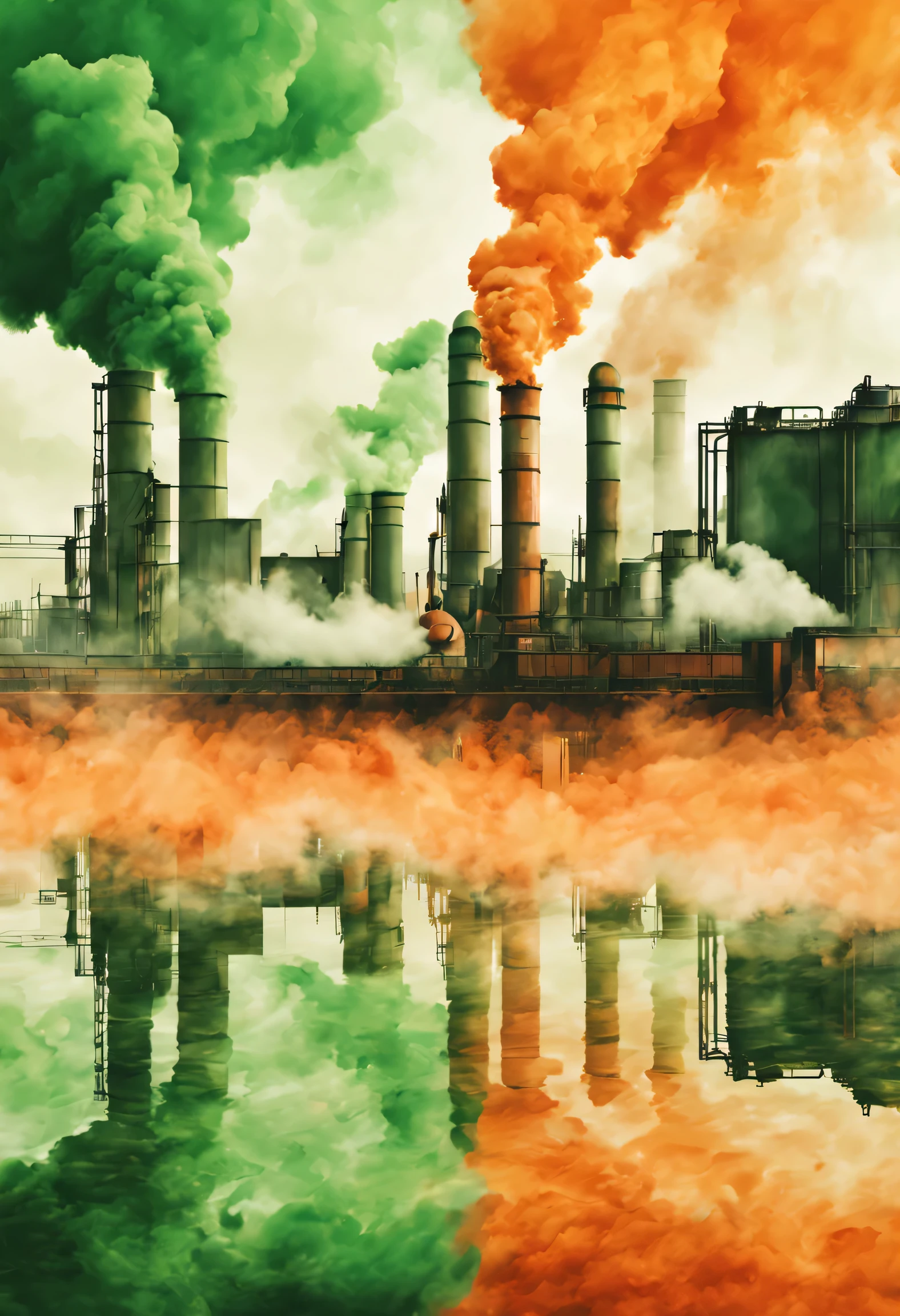 industrial pollution orange and green atmosphere concept art water color effect