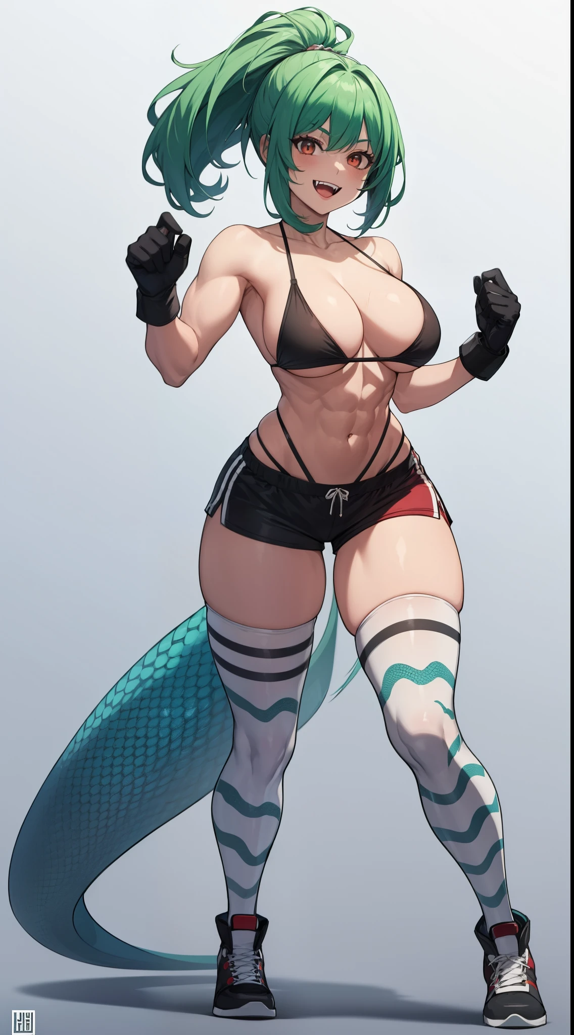 snake woman, with scales, large breasts, muscular legs, athletic body, emerald green hair, fangs, smile, combat gloves, fighting shoes, scars, tight shorts, high stockings, loose black t-shirt, 8k, hd, masterpiece, full body image, white background