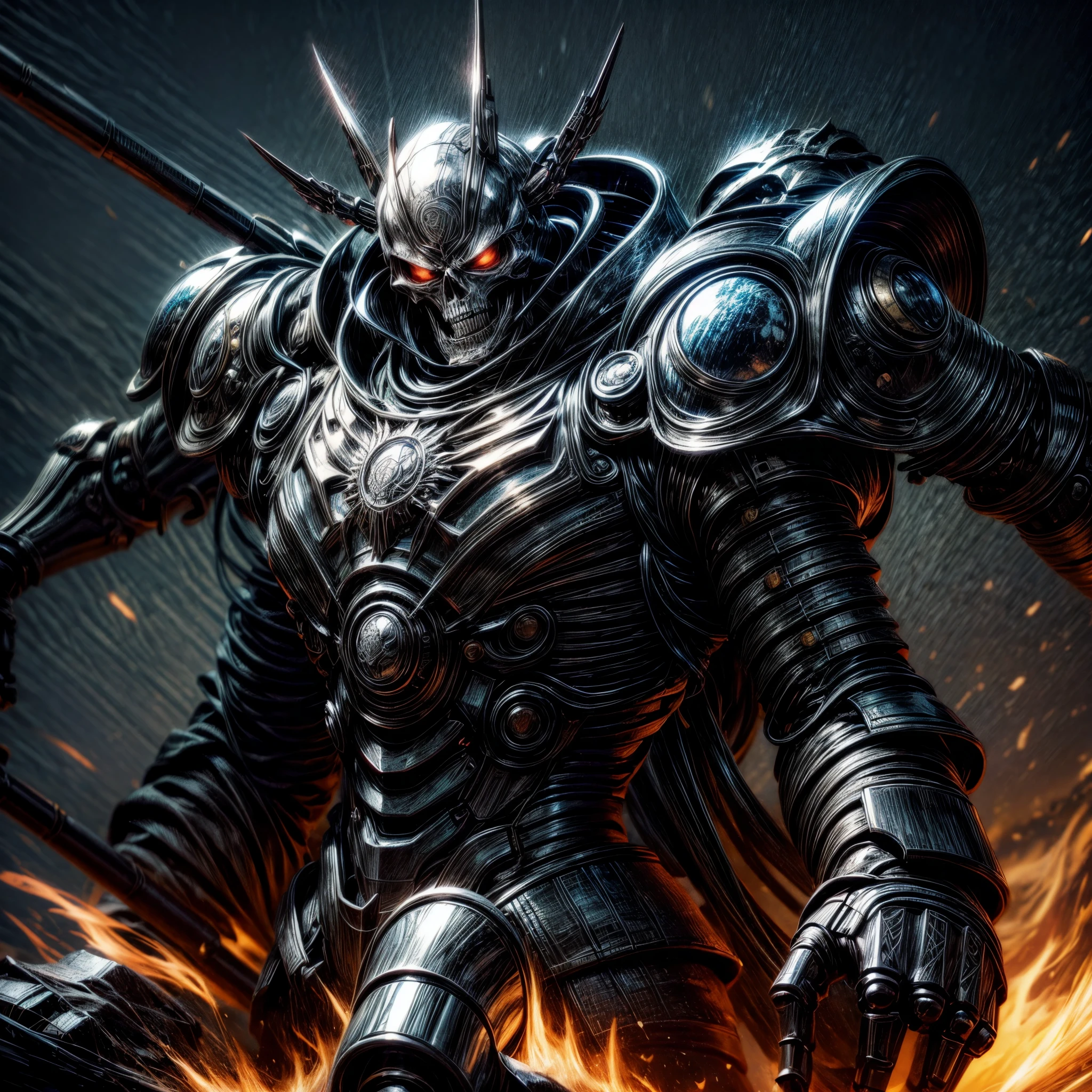 giant biological robot, samurai, skeleton face, giant skeleton,, anime art