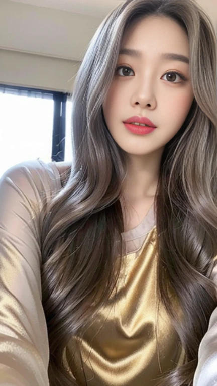 Golden eyes,The long gray hair hangs down from the front,face close-up,Flawless face,Look up slightly,short tulle pajamas