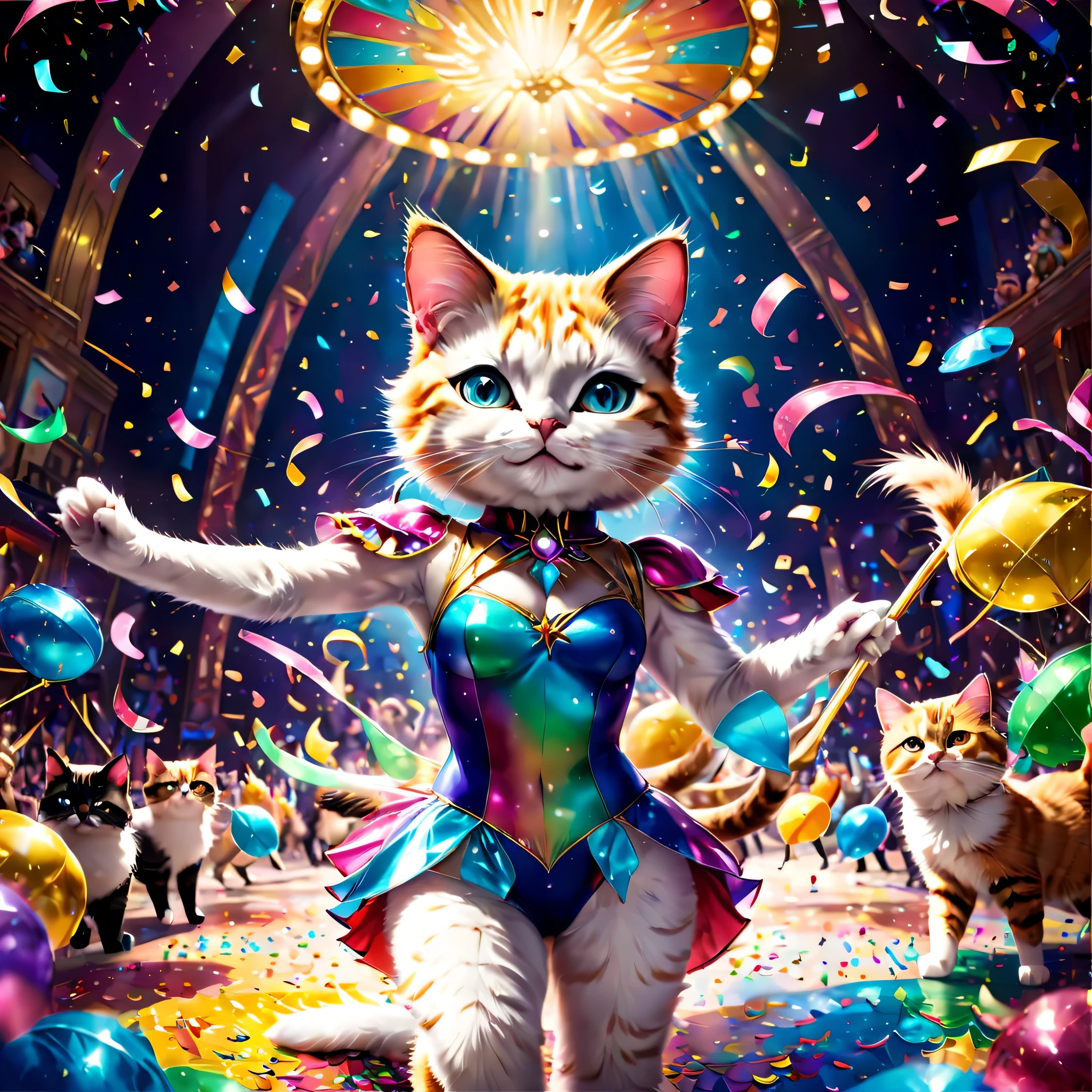 colorful confetti:1.3, Glowing confetti, There's so much confetti that you can't see the cast. (Maximizing the beauty of confetti), broadway musical「cats」grand finale of, personification, cat style cosplay, Cat ear, tailed, The leotard is , luxurious stage equipment, gondola, lift, ultra wide angle