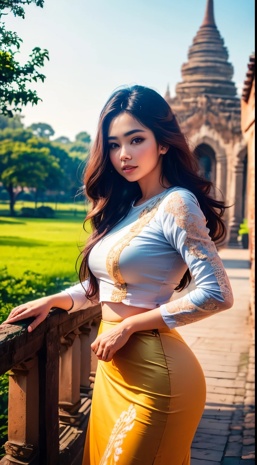 (masterpiece, best quality , high resolution:1.2), (photo realistic:1.2), (intricate and beautiful:1.2) , detailed light, bright light, (colorful and dynamic angle), upper body shot, fashion photography, 1 girl, acmm ls outfit, wearing acmm top, blue acmm top, long sleeves, wearing acmm long skirt, blue acmm long skirt, printed skirt, posing for photo, long straight hair, teasing look, gazing with a playful and teasing expression, igniting curiosity and attraction, attractive, outdoors, scenery, traditional media, sky, day, photo background, real world location, architecture, nature, ruins, landscape, bagan ancient pagoda background