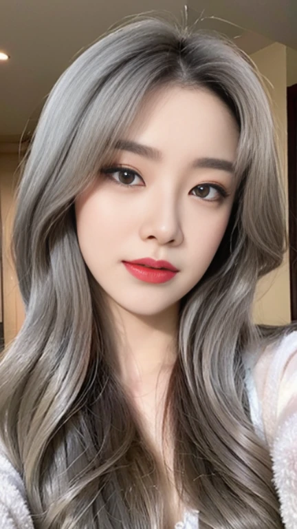 Golden eyes,The long gray hair hangs down from the front,face close-up,Flawless face,Look up slightly,short tulle pajamas