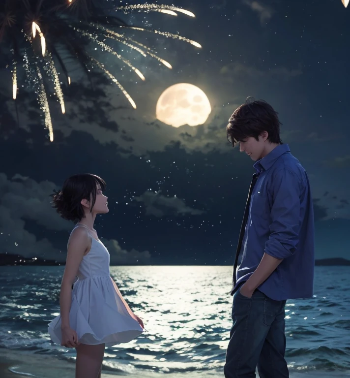 couple watching fireworks over the ocean at night, night under the starry sky, moonlight, in style of makoto shinkai, summer night, official fanart, high quality fanart, sakimichan and makoto shinkai, ethereal  human, anime movie background, in stylehuman realistic