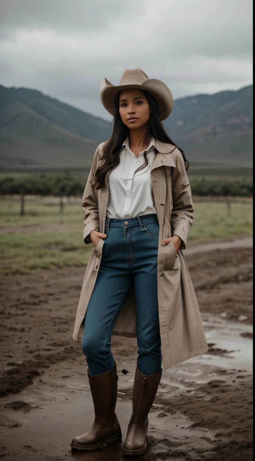 Foto hiperrealista en primer plano de Kelsey Asbille (native American ((light dark skin))) wearing dirty cloths (light brown long long raincoat:1.1) and (blue pants:1.1), (boots:1.2), (cowboy hat) on the ranch, rain, muddy ground, cinematic light, beautiful woman, skinny, large big breasts, black long hair, detailed face, facing the camera, photo taken from a distance, age of 25 years old, camera filter on pastel gray colors,, grey filter on camera