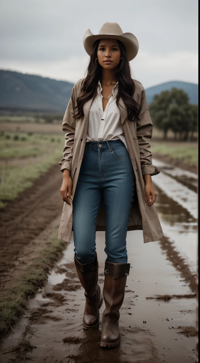 Foto hiperrealista en primer plano de Kelsey Asbille (native American ((light dark skin))) wearing dirty cloths (light brown long long raincoat:1.1) and (blue pants:1.1), (boots:1.2), (cowboy hat) on the ranch, rain, muddy ground, cinematic light, beautiful woman, skinny, large big breasts, black long hair, detailed face, facing the camera, photo taken from a distance, age of 25 years old, camera filter on pastel gray colors,, grey filter on camera