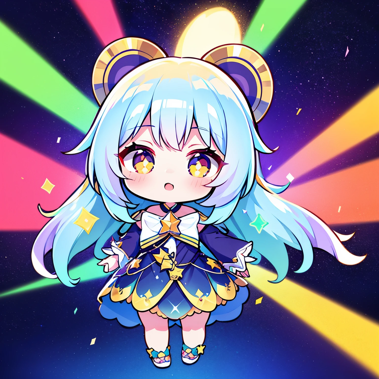 best quality, (chibi character, super deformed, full body, big head:1.5, 3D), incredibly absurdres, extremely detailed, iridescent cute Idol girl shining in rainbow colors, many colored confetti flying up, silver glittering confetti, golden glittering confetti, colorful, light up, delicate, flashy and dynamic depiction, many stars