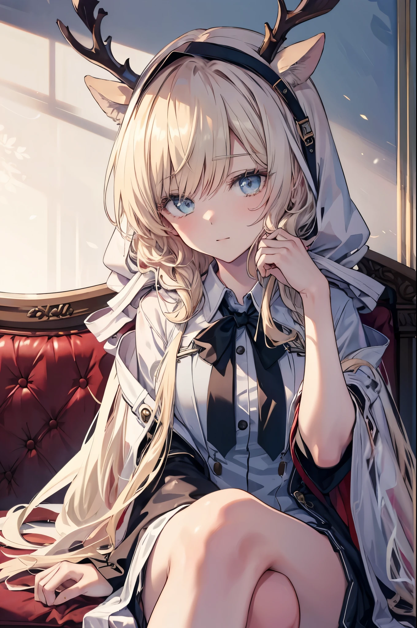 +masterpiece, best quality, super detailed, A schoolgirl, pretty face, Rich details, (long white hair), perfect face, Coveralls, sitting, close up, Shabby sofa