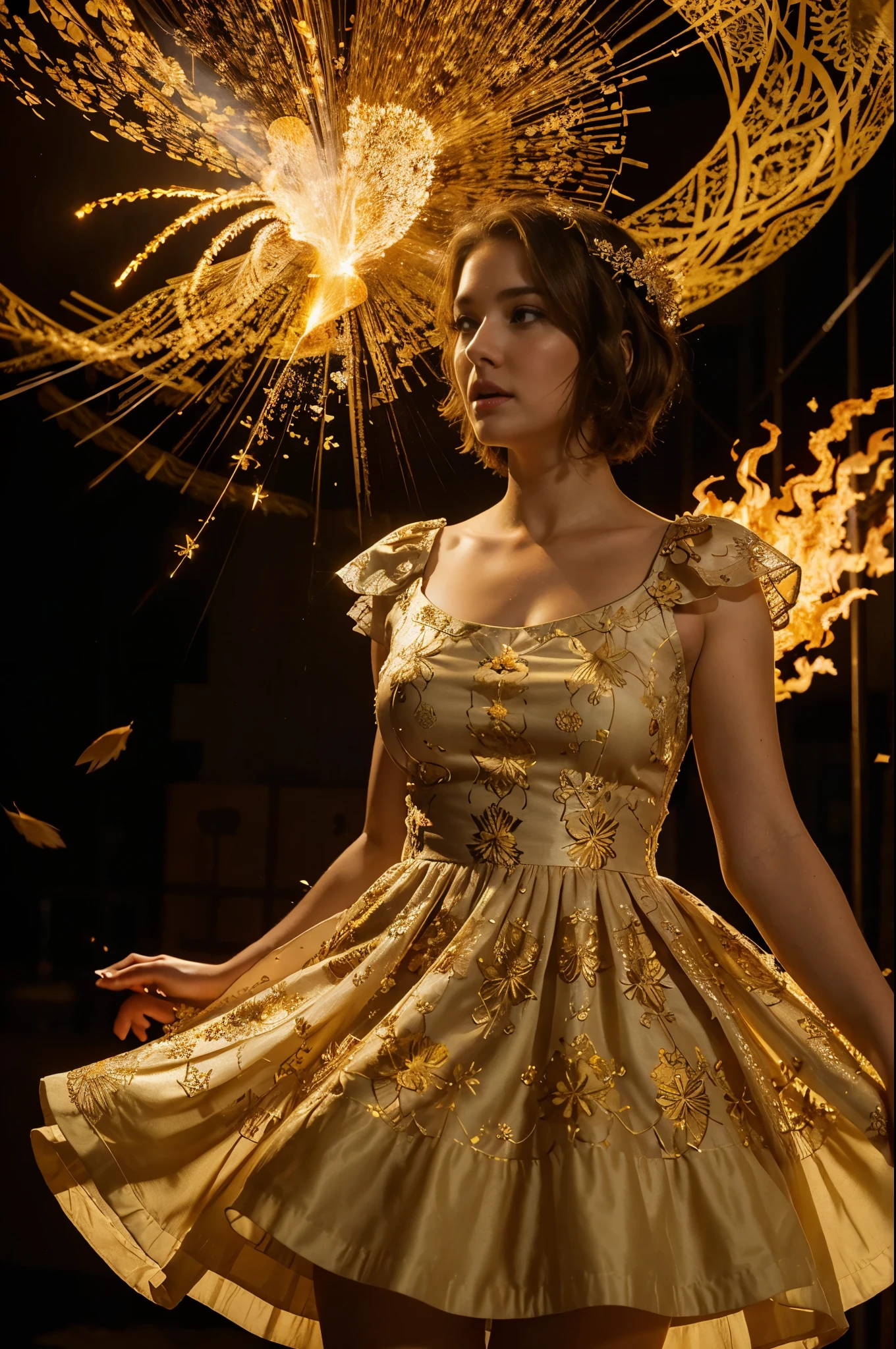 white-skinned plump woman with short brown hair wearing a dress with golden petals flying around her, in a bright floral dress, A dress made of fire,Intricate, eye-catching lighting, Elaborate Dress, flowy dress, Dramatic fairytale lighting, Fire Dress, Fractal dress,