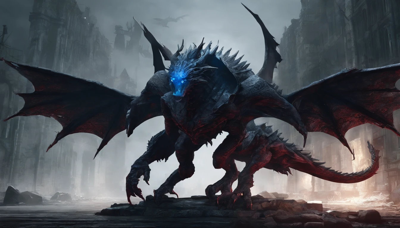 Stone monster, Ruby Eyes,lumpy arms,Stone Texture, blue core on chest,dragon,bat wings,quadrupedal walking, Dark and moody colors, High resolution artwork, Photorealistic style