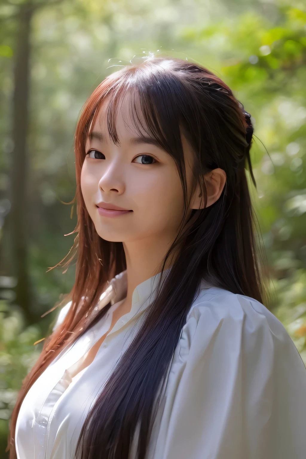 a perfect well-lit (closeup:1.15) (medium shot portrait:0.6) photograph of a beautiful woman standing on the hiking trail, wearing an intriguing outfit, looking at me, coy slight smile
