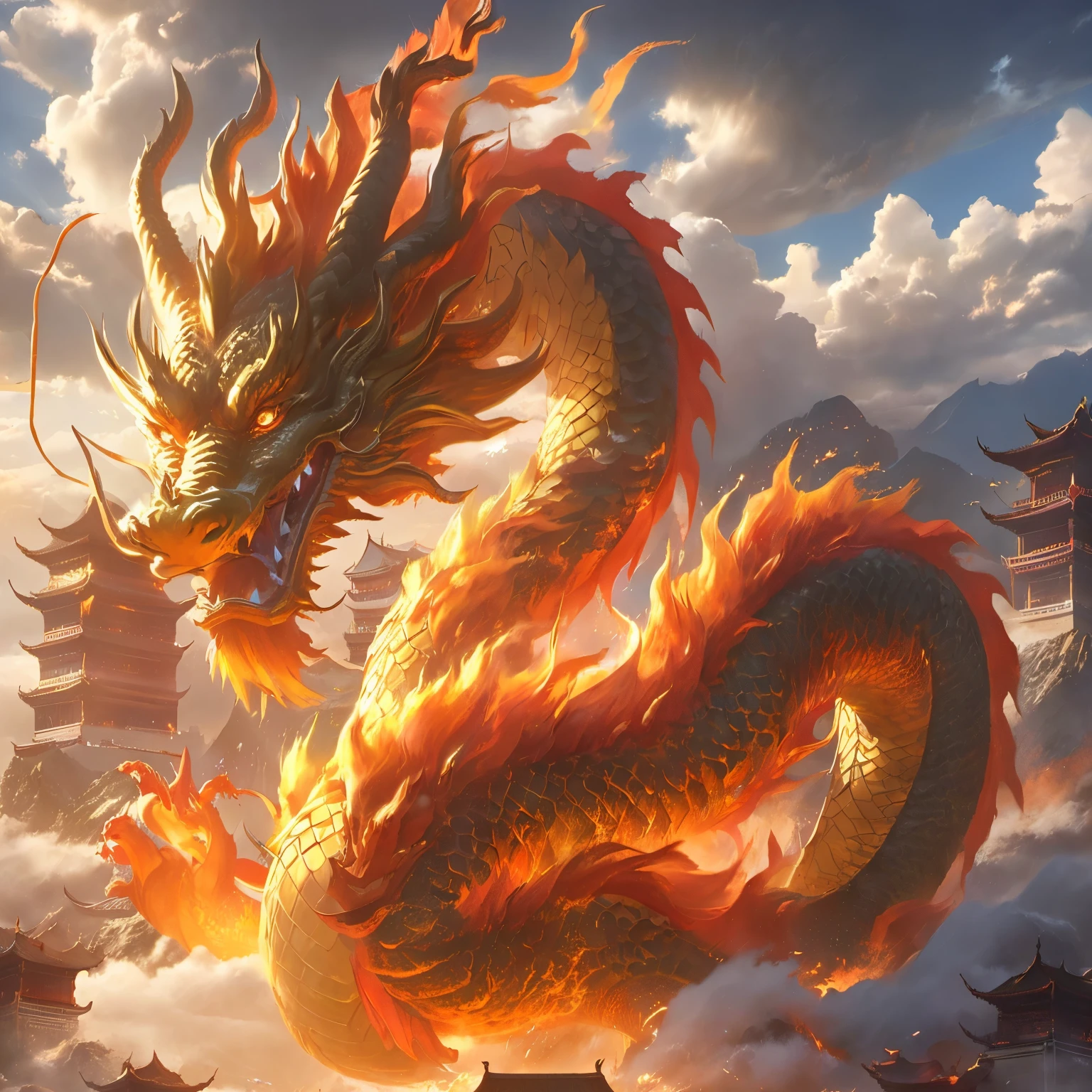 there is a dragon flying over a building in the sky, chinese dragon concept art, colossal dragon as background, majestic japanese dragon, legendary dragon, chinese dragon, smooth chinese dragon, dragon blowing fire above, giant dragon flying in the sky, fire flaming dragon serpent, big red dragon flying above them, oil painting of dragon, golden dragon, chinese fantasy, epic dragon