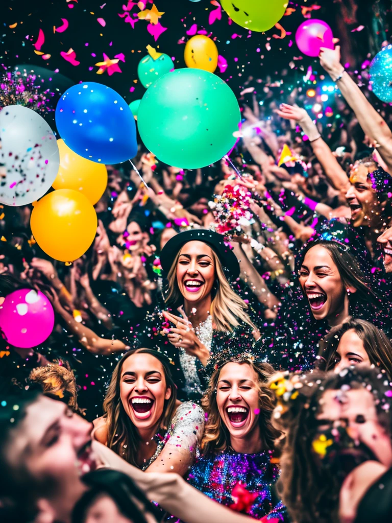multiple people, ((confetti)), colorful, best quality, high resolution, colorful, vibrant, dynamic, festive atmosphere, joyful, happy people, smiling faces, energetic, bursting with excitement, lively music, dancing, cheerful crowd, party hats, sparkling lights, fireworks, balloons, streamers, glitter, confetti raining down, ecstatic expressions, brilliant colors, vivid hues, bokeh effect, electrifying energy, captivating moments, stunning visuals, immersive experience, professional photography, artful composition