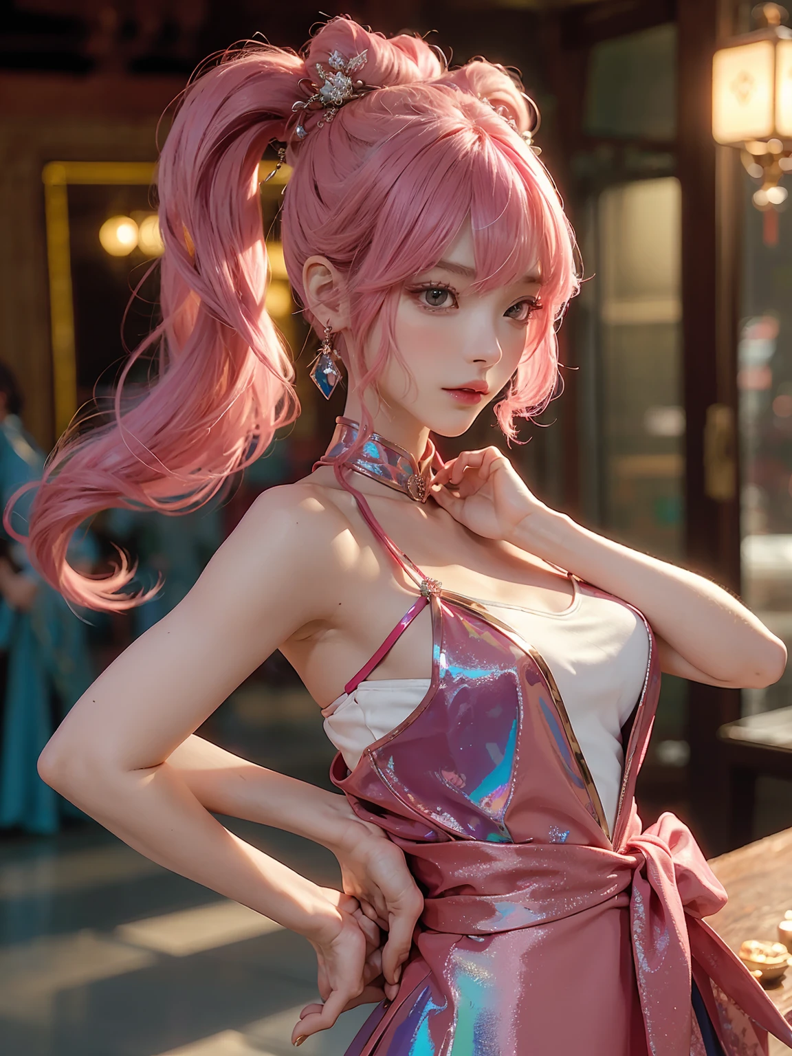masterpiece、hightquality、。.。.。.。.。.。.。.。.。.。.。.3D、8K CG、intricate detailes、细致背景、Sacred。ornament detached, Dylan Kowalski, student, ((2girls)), The upper part of the body, musculature, Skindentation, looking to side, Pink hair、length hair, Mechanical arm, synthetic skin, porcelain, pearls, Holographic, Titanium, Diamonds, ruby, sapphires, Pedras preciosas, Clockwork, grunge, worn edges, s Armor, Beautiful breasts、Twin-tailed hairstyle、Western castles、