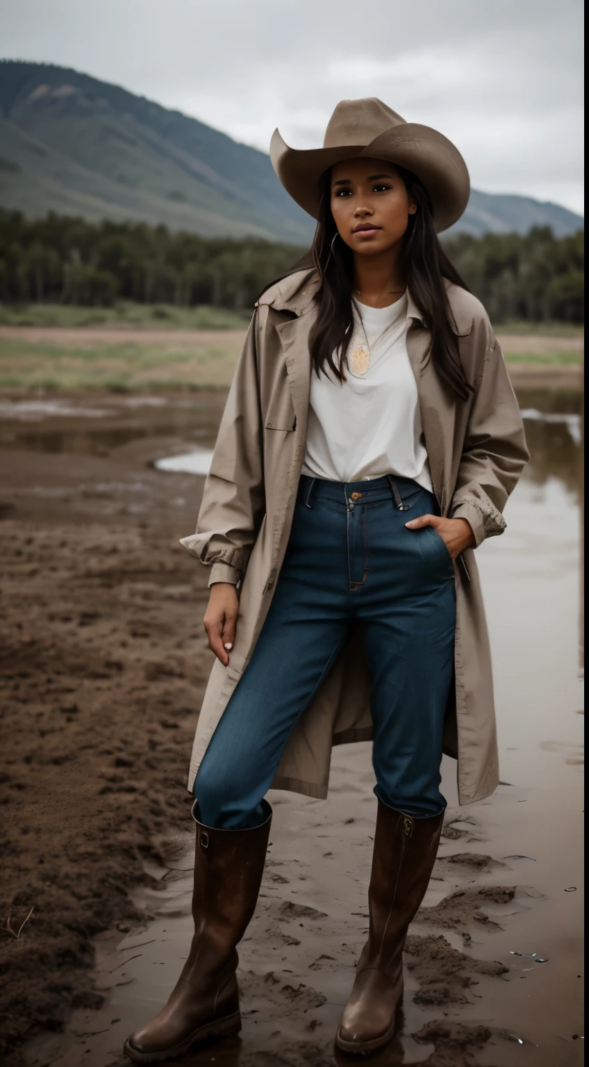 Foto hiperrealista en primer plano de Kelsey Asbille (native American ((light dark skin))) wearing dirty cloths (light brown long long raincoat:1.1) and (blue pants:1.1), (boots:1.2), (cowboy hat) on the ranch, rain, muddy ground, cinematic light, beautiful woman, skinny, large big breasts, black long hair, detailed face, facing the camera, photo taken from a distance, age of 25 years old, camera filter on pastel gray colors,, grey filter on camera
