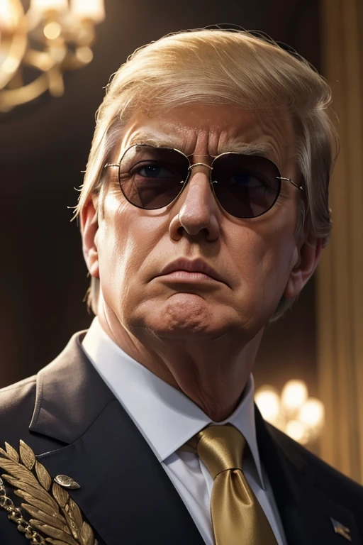 An ultra-detailed digital art masterpiece emerges, presenting a breathtakingly realistic portrait of President Trump. The composition showcases the iconic figure donning The Trump Life Sun Glasses, exuding an aura of power and charisma. Dressed in an impeccable Suit and Tie, adorned with the emblem of 2024 on his shirt, the President's serious expression commands attention. The strong contrasting lighting adds depth and intensity to the scene, emphasizing every contour of his face. The dramatic depth of field effect accentuates the President's sharp focus, while the background artfully blends a blurred yet detailed tapestry of Gold and Silver, evoking a sense of opulence and accomplishment. This high-quality depiction truly captures the essence and stature of President Trump, making it a masterpiece of