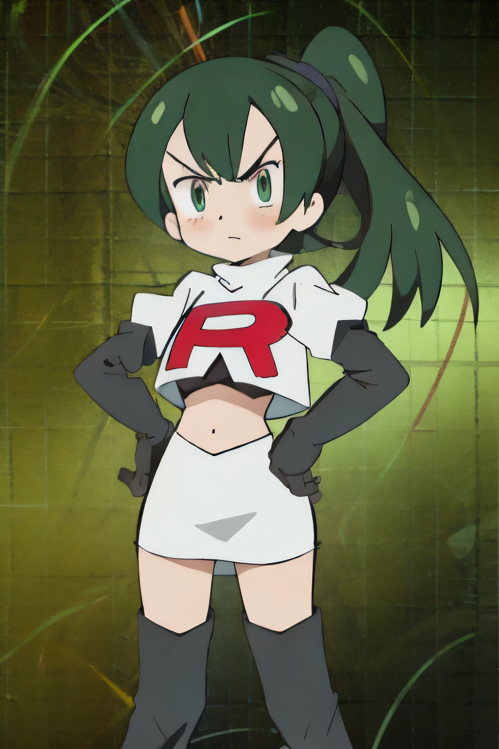 masterpiece,best quality,highres,aafutaba,medium hair,ponytail,cowboy shot,outdoors,team rocket,team rocket uniform, red letter R, white skirt,white crop top,black thigh-highs,black elbow glovesteam rocket uniform, red letter r, white skirt,white crop top,black thigh-high boots, black elbow gloves, glaring angrily, looking at viewer, hands on hips, full body seen