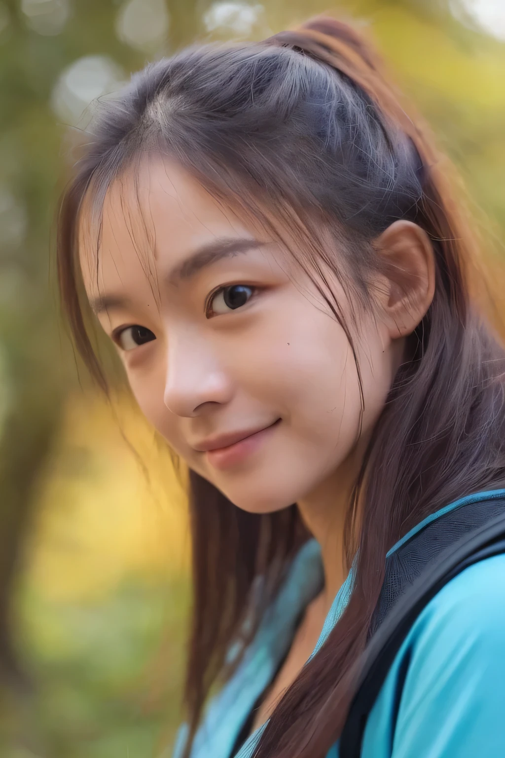 a perfect well-lit (closeup:1.15) (medium shot portrait:0.6) photograph of a beautiful woman standing on the hiking trail, wearing an intriguing outfit, looking at me, coy slight smile