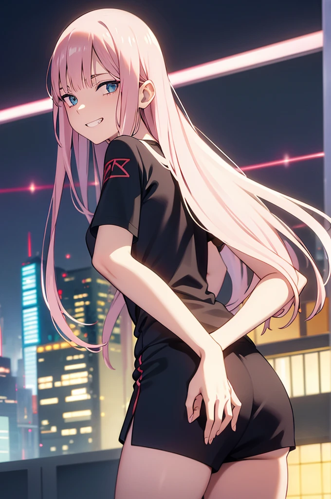 Zero two, 1girl, solo, long hair, looking at viewer, smile, breasts, city background, butt, bare shoulders, teeth, tight shirt, short sleeves, closed mouth, black t-shirt,portrait, shorts, skin tight outfit, seductive, realistic, best quality, masterpiece, ultra detail, ultra high res, extreme detail, 8k, uhd, detailed