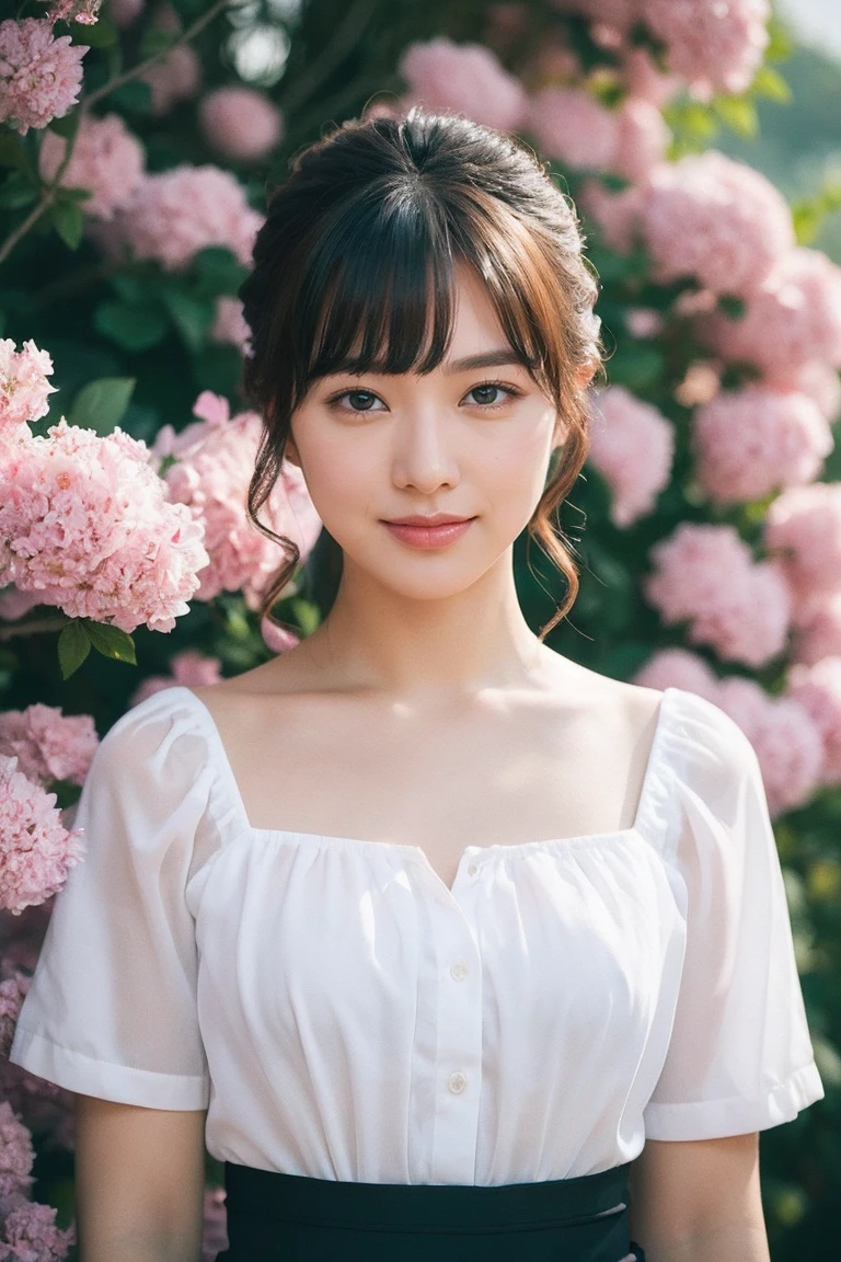Medium view, medium shot, Depth of bounds written, bust, Upper body, cinematic angle, masterpiece, highest quality, Super detailed, cg, 8k wallpaper, beautiful face, delicate eyes, maiden, alone, smile, bangs, skirt, shirt, have, purple dress, bow, petal, bouquet