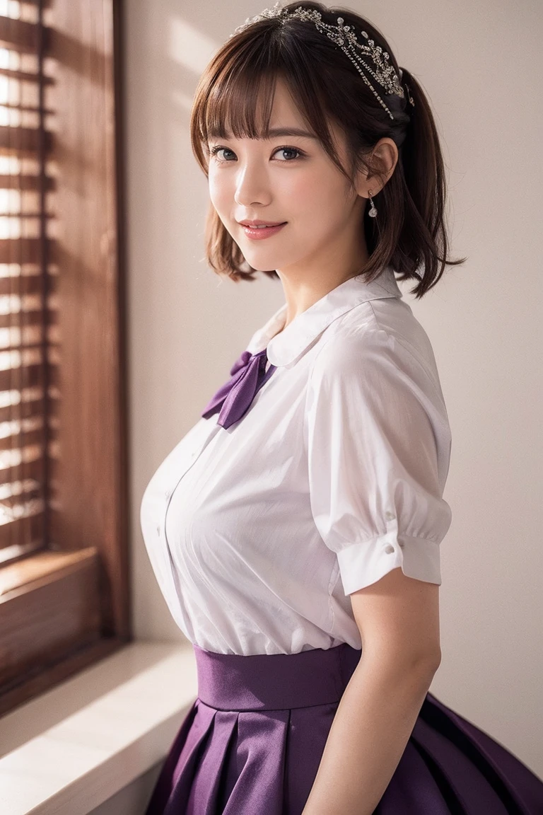 kujikawadef,twintails,,black serafuku,long sleeves,skirt,thighhighs,jewelry,earrings,standing,
best quality, highly detailed, masterpiece, absurdres,8k, photorealistic, realistic,detailed skin texture,detailed pupils,HDR,natural lighting,
1girl,solo,(happy:1.1),(smile:1.2),shorthair,brown hair,(angular face:1.2),shiny face,large breasts, narrow waist, lip makeup,