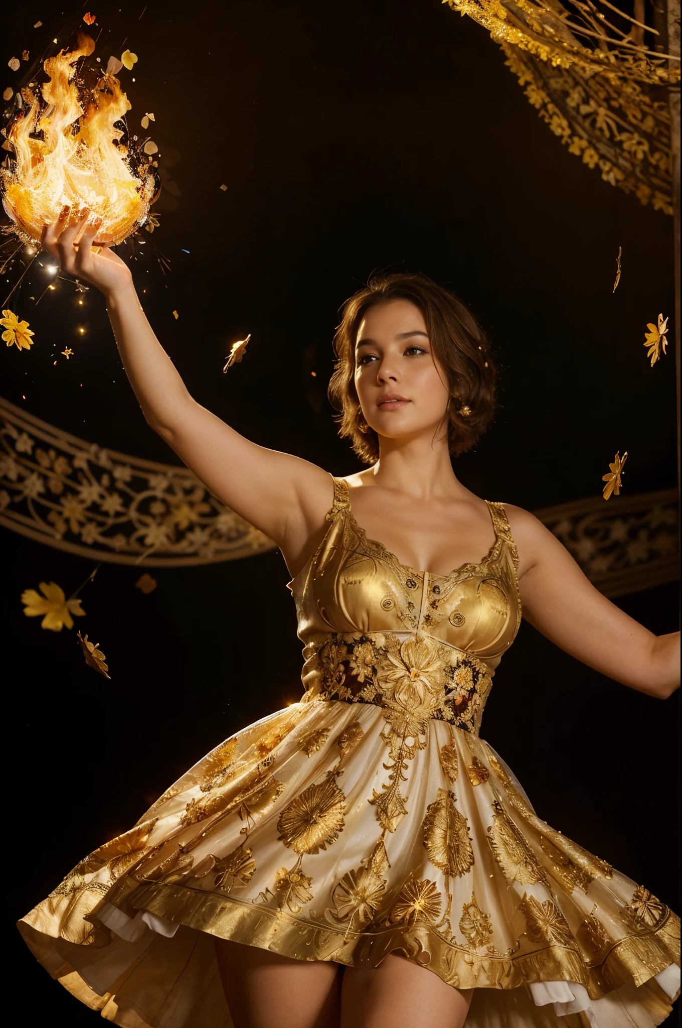 white-skinned plump woman with short brown hair wearing a dress with golden petals flying around her, in a bright floral dress, A dress made of fire,Intricate, eye-catching lighting, Elaborate Dress, flowy dress, Dramatic fairytale lighting, Fire Dress, Fractal dress,