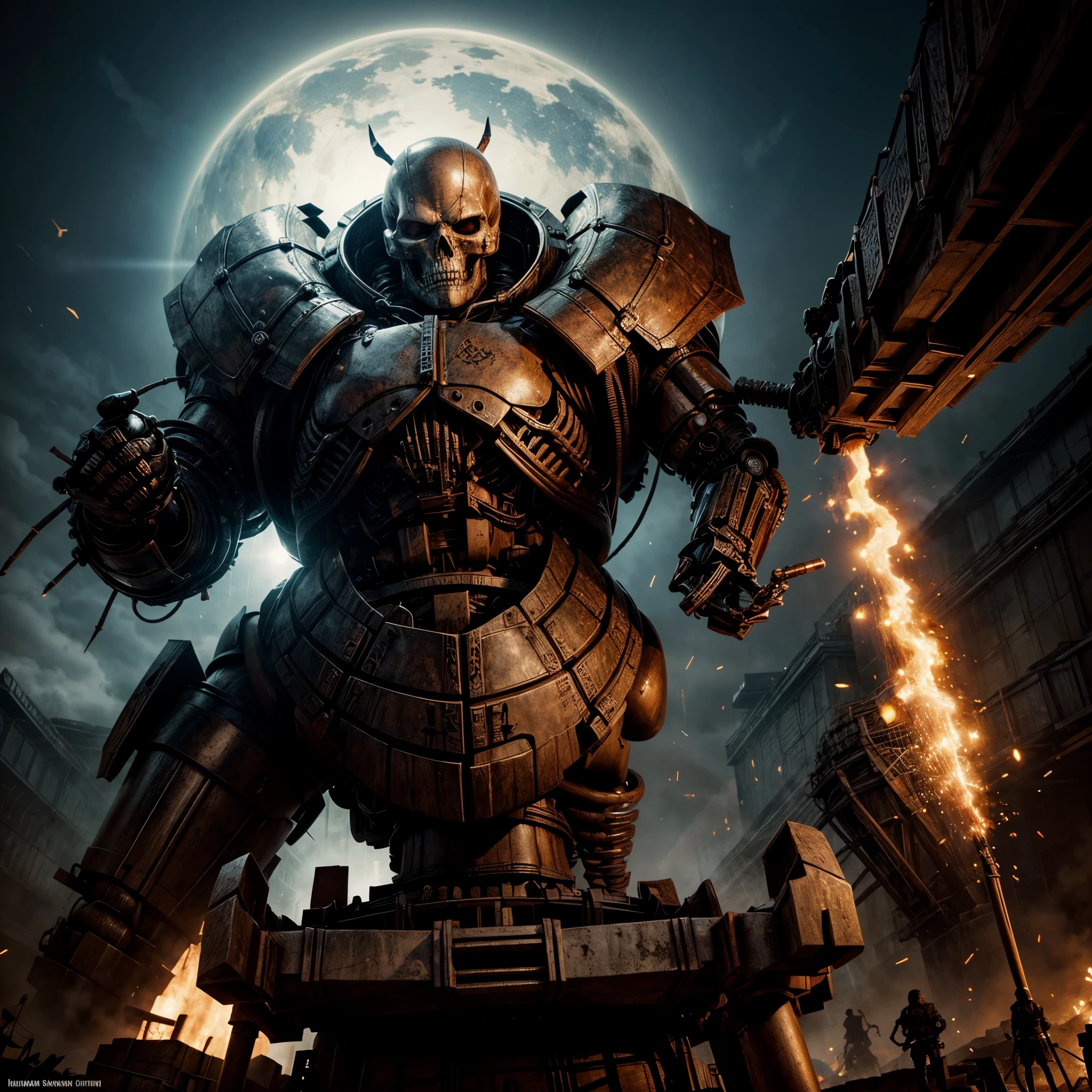 dynamic angle, (steampunk focus:1.2), extremely detailed urban strip bar, clashing themes, stage, stage lights, crowd in background, grimoire_noir, giant monolith with screaming face, pale skin, gothic style