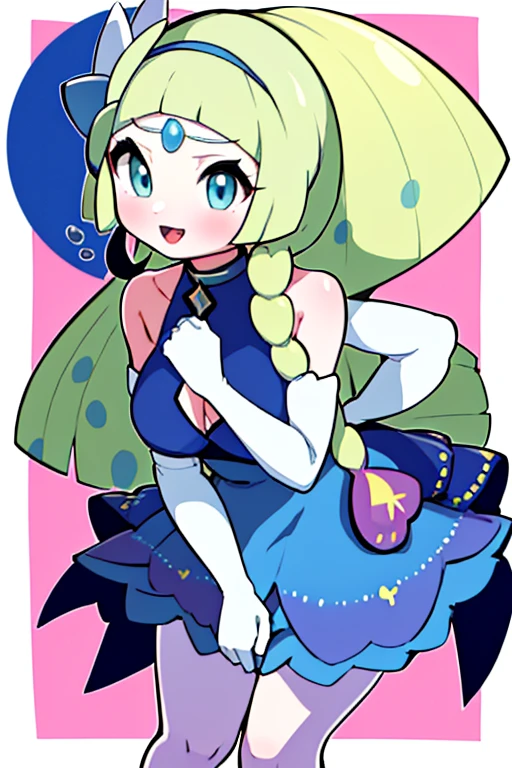 high quality, masterpiece, facing forward, big tits, thick thighs, leaning forward, bent over, hands straight down, pout, puffy face cheeks, aalillie, long hair, braid, hairband, hair ornament, hair flower, bare shoulders, blue dress, sleeveless, elbow gloves, white gloves, 1girl, meloetta, pokemon \(creature\), mobface, blue eyes, chibi, :D, full body, singing, dancing