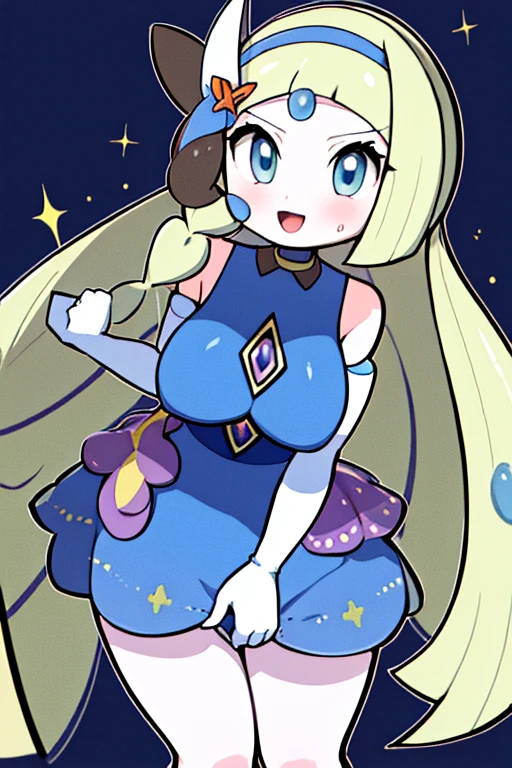 high quality, masterpiece, facing forward, big tits, thick thighs, leaning forward, bent over, hands straight down, pout, puffy face cheeks, aalillie, long hair, braid, hairband, hair ornament, hair flower, bare shoulders, blue dress, sleeveless, elbow gloves, white gloves, 1girl, meloetta, pokemon \(creature\), mobface, blue eyes, chibi, :D, full body, singing, dancing