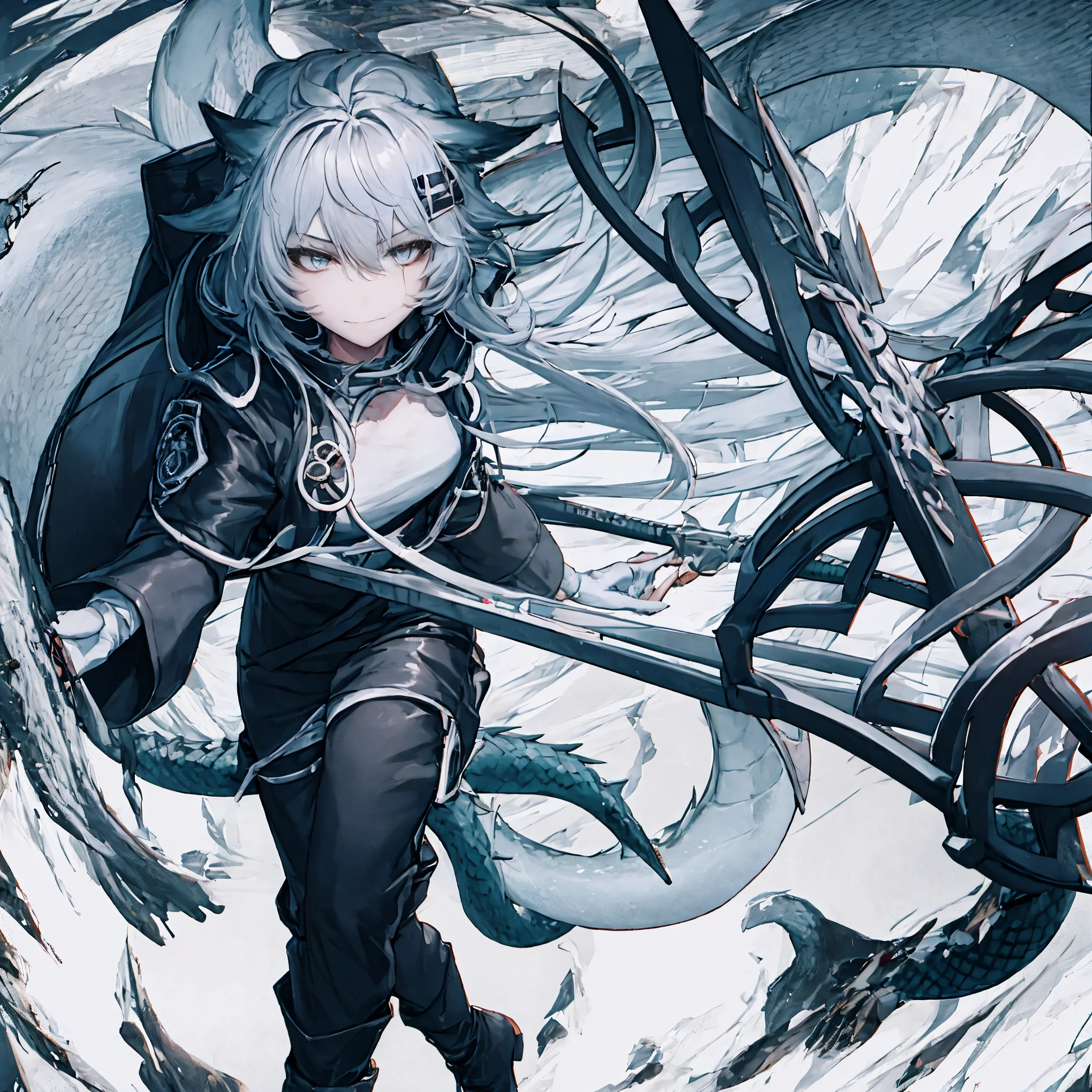 masterpiece, shoulder length white hair, female,2 white fox ears, teenage girl, body,, white scale dragon tail, military boots,black leggings, military combat pants, black T-shirt, white jacket open, medium size chest, detailed blue eyes,solo female,1 dragon tail, tomboyish, thick dragon tail, white scales, 2 dragon wings, white fluffy wings