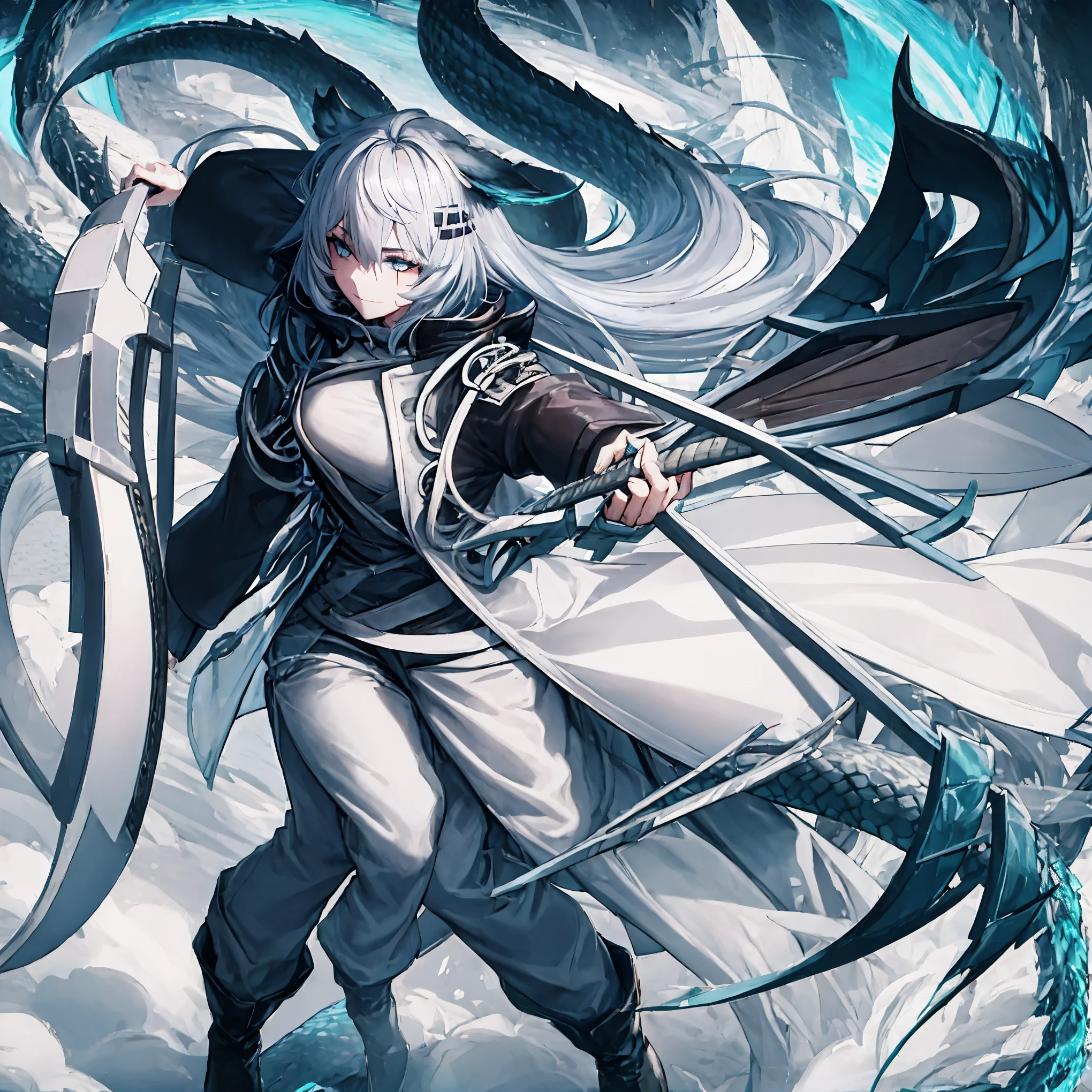 masterpiece, shoulder length white hair, female,2 white fox ears, teenage girl, body,, white scale dragon tail, military boots,black leggings, military combat pants, black T-shirt, white jacket open, medium size chest, detailed blue eyes,solo female,1 dragon tail, tomboyish, thick dragon tail, white scales, 2 dragon wings, white fluffy wings