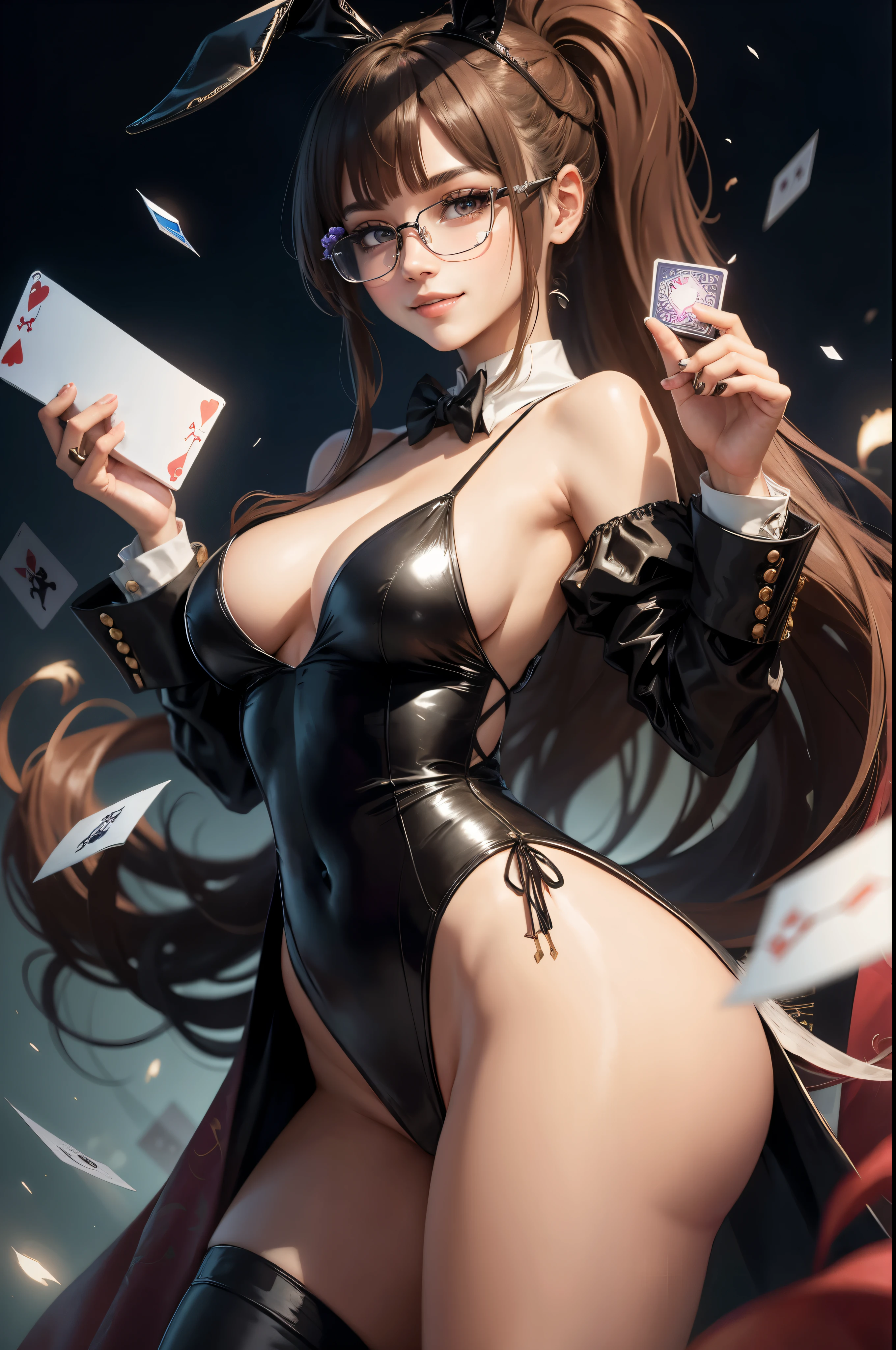 Beautiful female magician, , Throwing cards, Long hair in a ponytail, smooth, wear glasses, smile brightly, wearing a black bunny costume, Wear a long-tailed tuxedo., Wear black stockings., Have a flight card.  many, anime