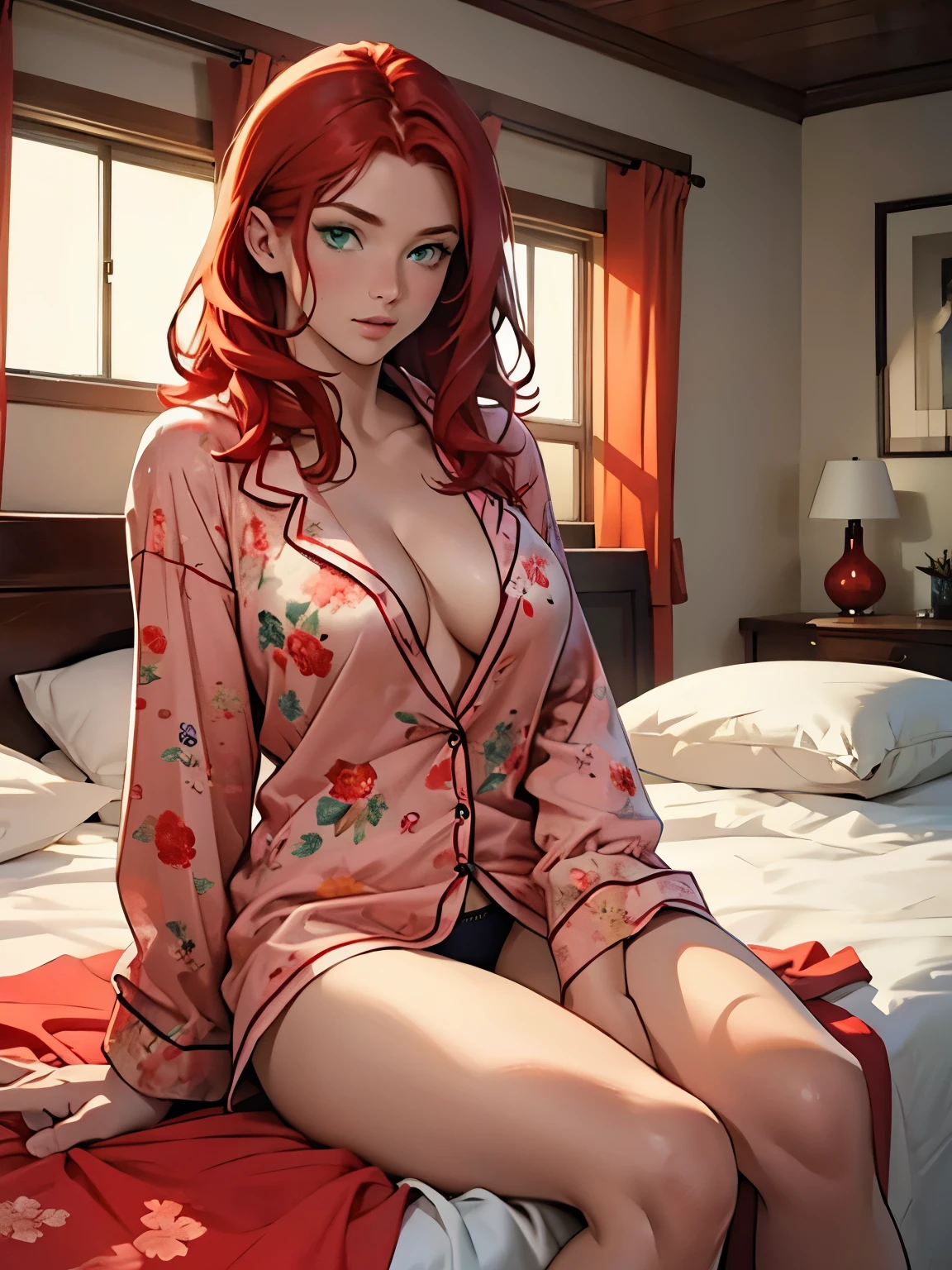 There is a woman sitting on a bed wearing a blue floral pajama top, panties, red-haired girl, beautiful red-haired woman, red-haired woman, young red-haired girl, short bright red hair, red hair and attractive features, Anna Nikonova aka Newmilky, red-haired girl, redhead, beautiful woman, posing in bed, red head, with short red hair, posing in a room, cleavage, pale green eyes