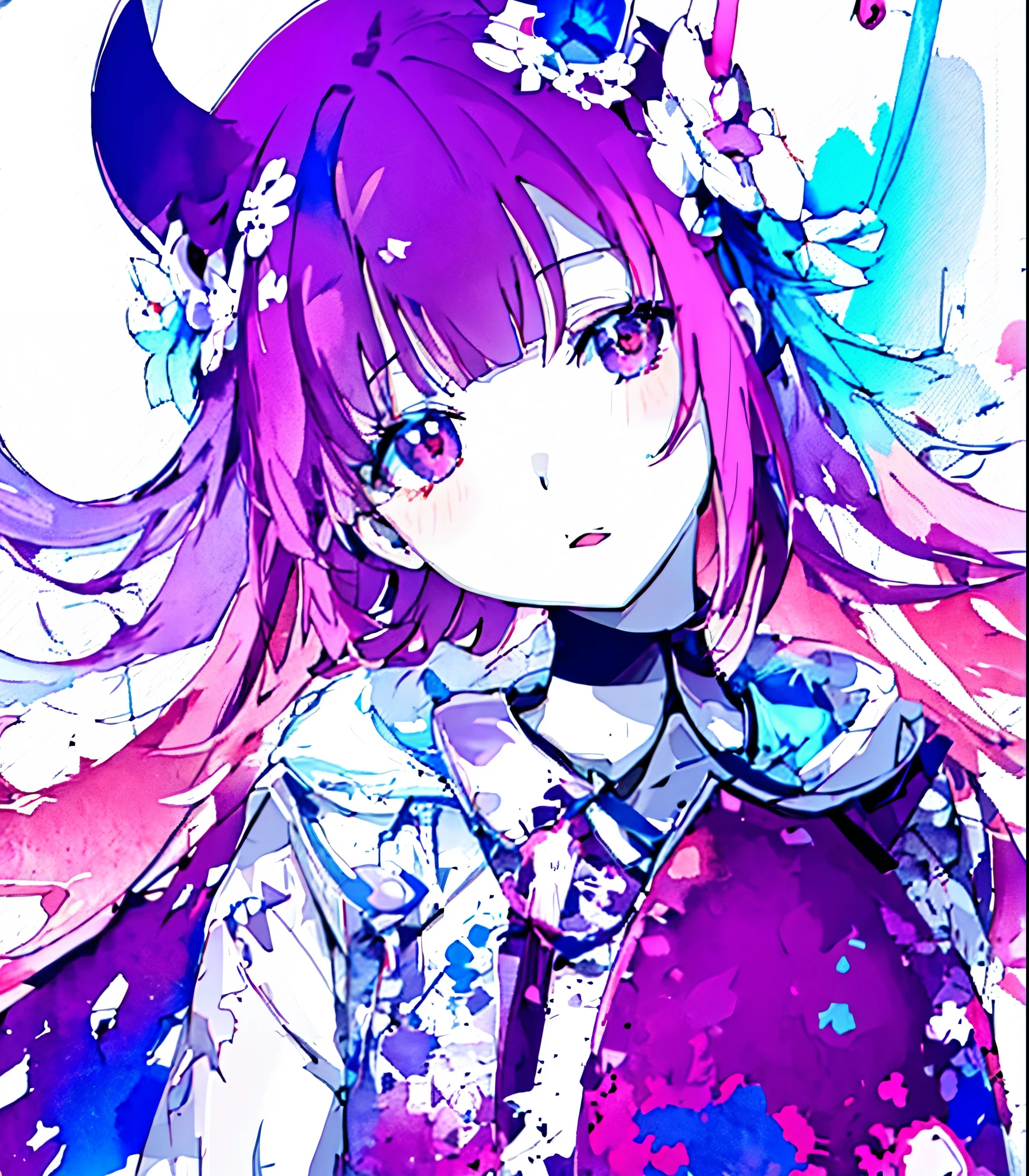 (Very bright:1.1), white background, [1 girl::7], (head tilt:1.2), ([sketch|watercolor \(Moderate\)]:1.15), (Inkblot:1.1), (pale:1.2), chaotic abstract background, vector trace, Gradient Blending, Bright colors, That&#39;s excellent, very detailed, Complex, (Extremely low contrast:1.4), purple theme, (glitch:1.1),