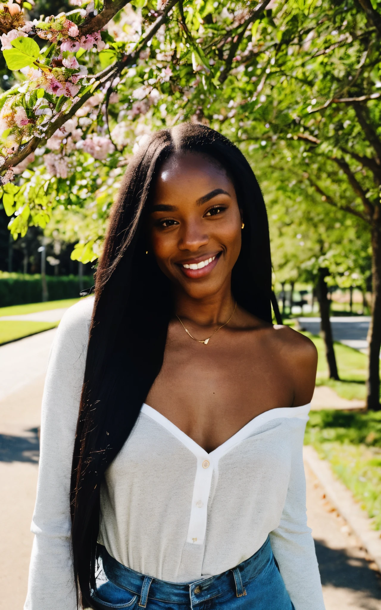 Dark-skinned woman, long hair, sensual smiling woman in white dress