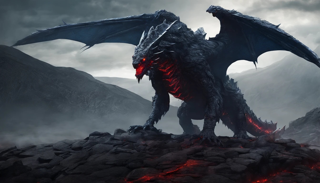 Stone monster, Ruby Eyes,lumpy arms,Stone Texture, blue core on chest,dragon,bat wings,quadrupedal walking, red heat,lava, Dark and moody colors, High resolution artwork, Photorealistic style