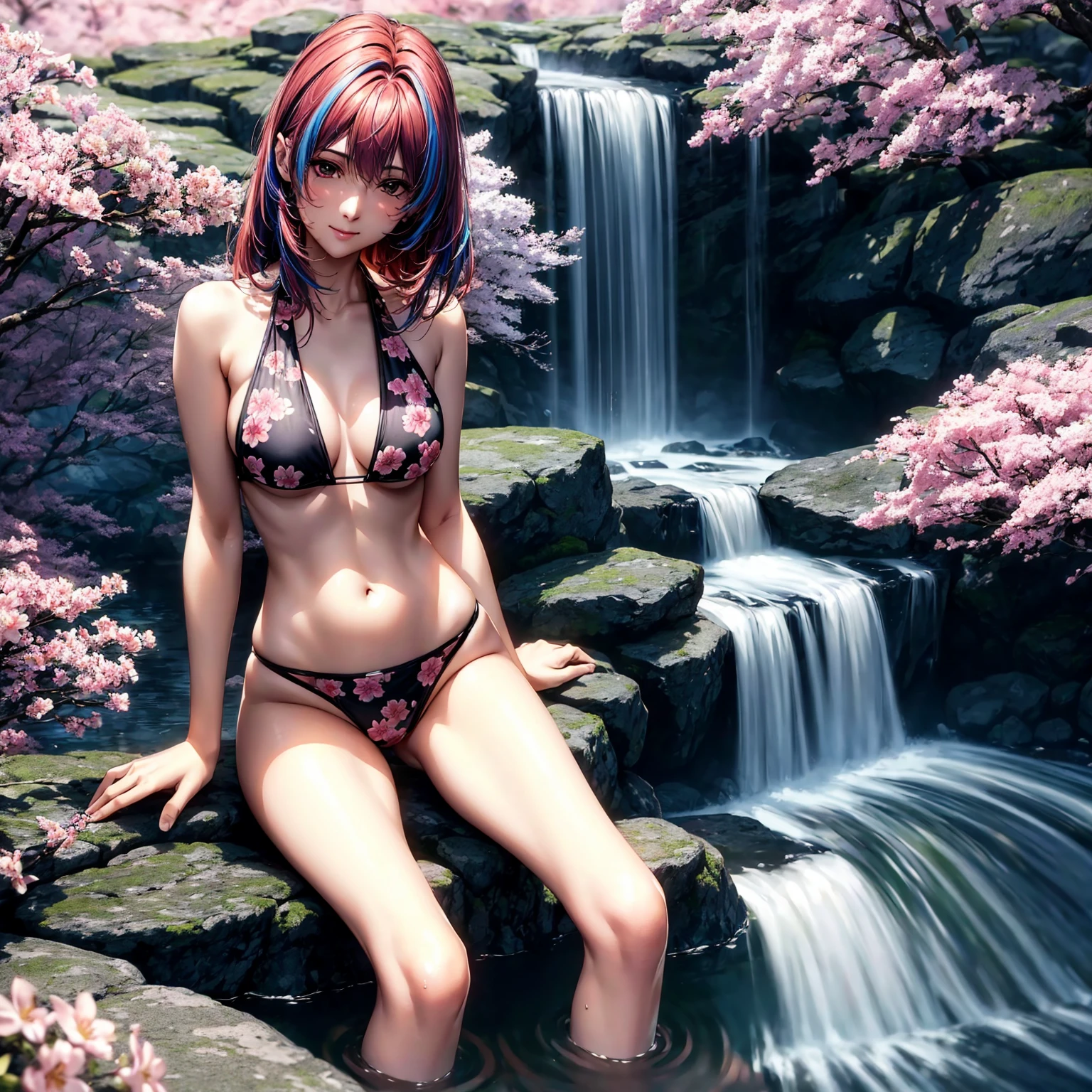 (((highest quality、masterpiece、very high resolution、highly detailed images、detailed details)))、(A woman of perfect and ultimate beauty:18-year-old, beautiful body、beautiful face、beautiful hair,bright smile)、(Slender and beautiful body, best skin and hair texture,medium hair)、((beautiful bikini:Colorful with floral patterns,shoulders are exposed,I can see my thighs)),(Fantastic waterside,There is a waterfall,Night cherry blossoms and lanterns,mysterious night sky,natural light,beautiful scenery,beautiful scenery),(water play,beautiful pose,model shoot,Hair flutters under the influence of the wind),bijinga,realistic portrait,Overall image、accurate image、accurate anatomy、Image without defects,(best shot,RAW photo:1.2)
